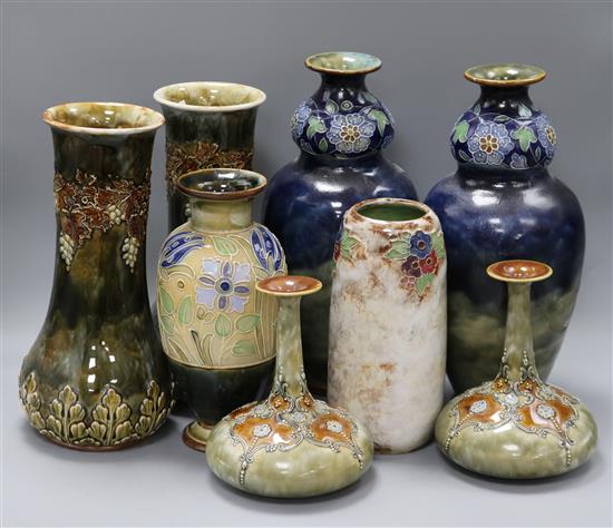 Three pairs and two other Doulton stoneware vases tallest 33.5cm